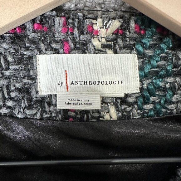 Anthropologie Jacket Womens Medium Gray Plaid Tweed Fringe Open Front Classic - Picture 4 of 7